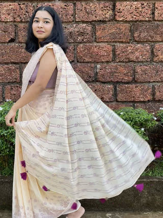 Hand Block Printed Bakuli - Mul Cotton Saree | Cream