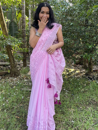 Hand Block Printed Bakuli - Mul Cotton Saree | Pink