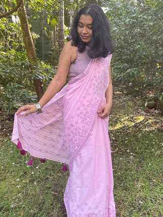 Hand Block Printed Bakuli - Mul Cotton Saree | Pink