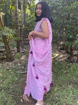 Hand Block Printed Bakuli - Mul Cotton Saree | Pink