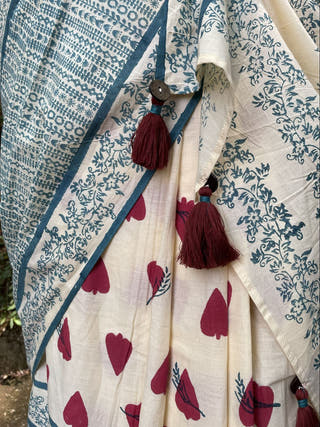 Hand Block Printed Gahu - Mul Cotton Saree | Cream