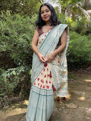 Hand Block Printed Gahu - Mul Cotton Saree | Cream