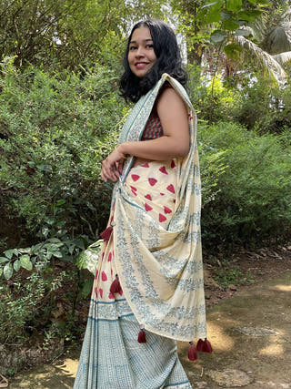 Hand Block Printed Gahu - Mul Cotton Saree | Cream