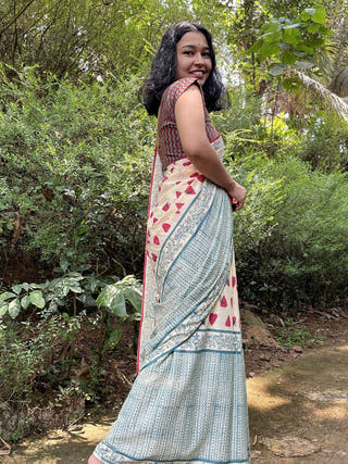 Hand Block Printed Gahu - Mul Cotton Saree | Cream
