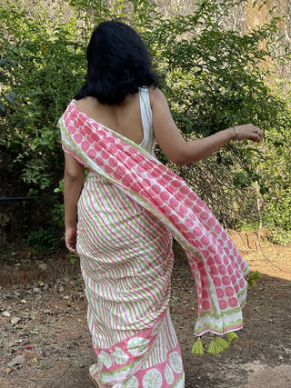 Hand Block Printed Karmala - Mul Cotton Saree | Pink and green