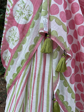 Hand Block Printed Karmala - Mul Cotton Saree | Pink and green