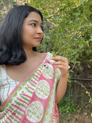 Hand Block Printed Karmala - Mul Cotton Saree | Pink and green