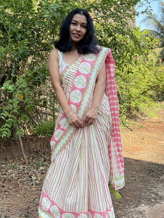 Hand Block Printed Karmala - Mul Cotton Saree | Pink and green