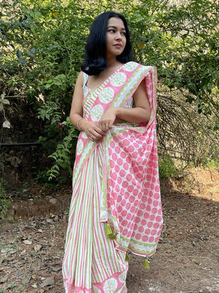 Hand Block Printed Karmala - Mul Cotton Saree | Pink and green