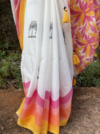 Hand Block Printed Maada - Mul Cotton Saree | White