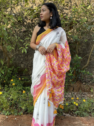 Hand Block Printed Maada - Mul Cotton Saree | White