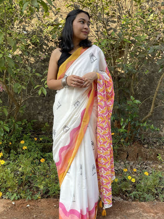 Hand Block Printed Maada - Mul Cotton Saree | White