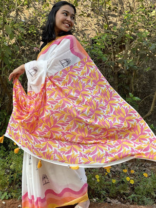 Hand Block Printed Maada - Mul Cotton Saree | White