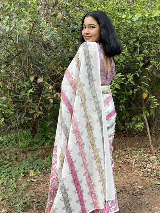 Hand Block Printed Tefal - Mul Cotton Saree | Pink