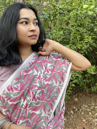 Hand Block Printed Tefal - Mul Cotton Saree | Pink