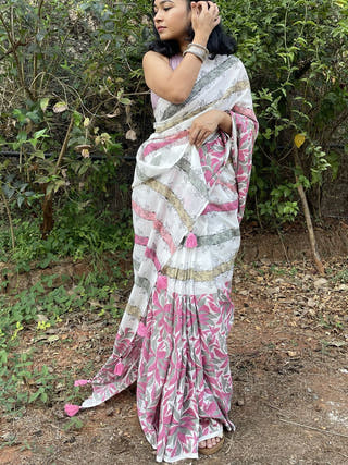 Hand Block Printed Tefal - Mul Cotton Saree | Pink
