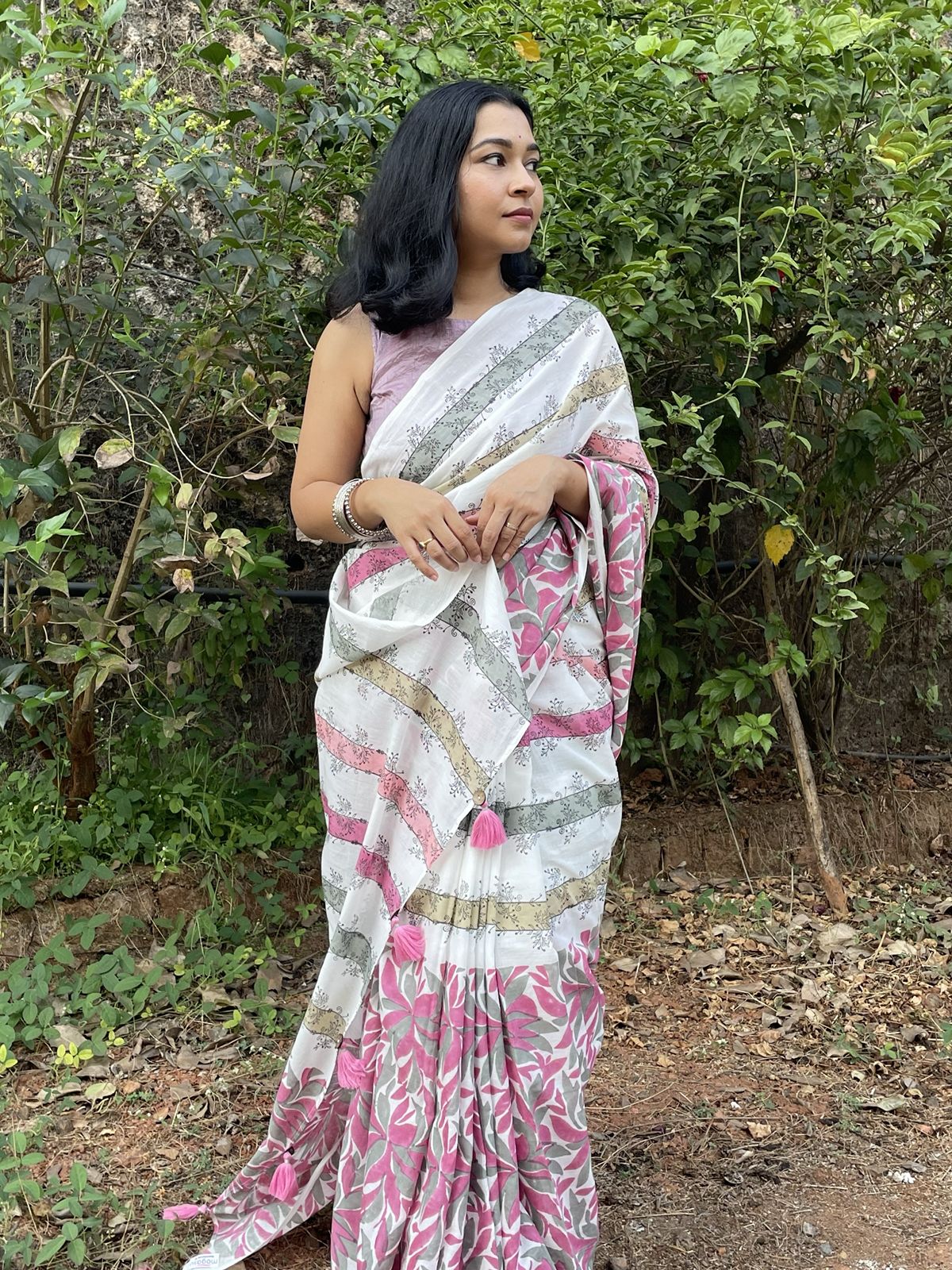 Hand Block Printed Tefal - Mul Cotton Saree | Pink