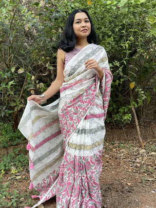 Hand Block Printed Tefal - Mul Cotton Saree | Pink