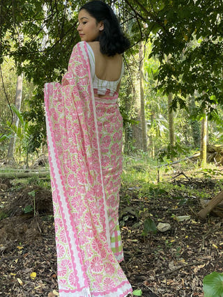 Hand Block Printed Toring - Mul Cotton Saree | Pink and Green