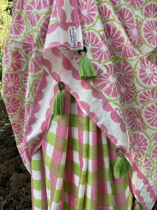 Hand Block Printed Toring - Mul Cotton Saree | Pink and Green