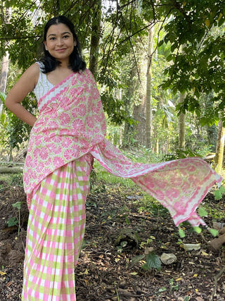 Hand Block Printed Toring - Mul Cotton Saree | Pink and Green