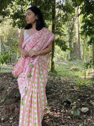 Hand Block Printed Toring - Mul Cotton Saree | Pink and Green