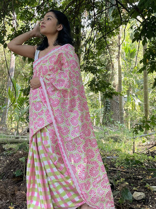 Hand Block Printed Toring - Mul Cotton Saree | Pink and Green
