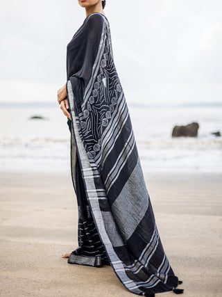 Handcrafted Conchas Linen Saree Black Mogasu