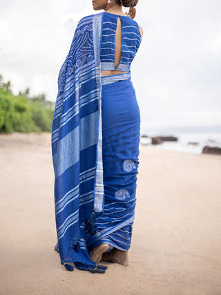 Conchas Linen Saree Blue Mogasu