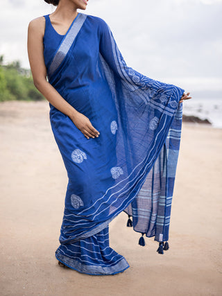 Conchas Linen Saree Blue Mogasu