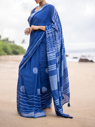 Conchas Linen Saree Blue Mogasu