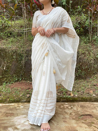 Printed Conchas Linen Saree White Mogasu