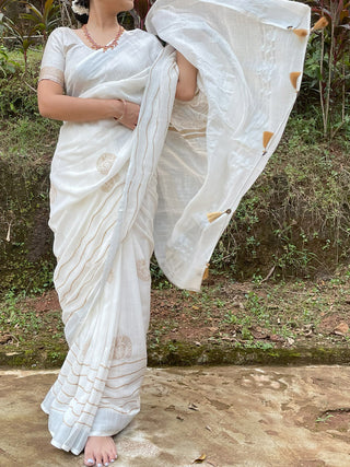 Printed Conchas Linen Saree White Mogasu