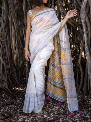 O Mar Chanderi Silk Saree White Mogasu