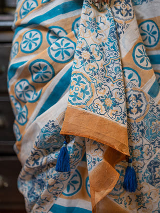 Azulejo Mul Cotton Saree Blue Mogasu