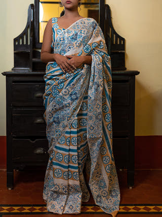 Azulejo Mul Cotton Saree Blue Mogasu