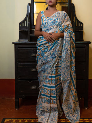 Azulejo Mul Cotton Saree Blue Mogasu