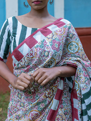 Block Printed Azulejo Mul Cotton Saree Red Mogasu