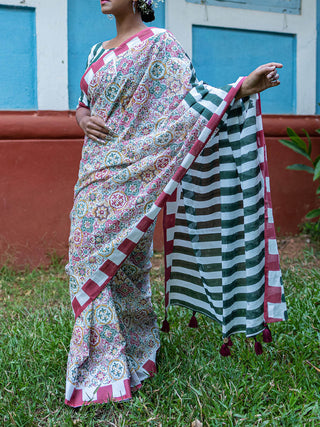 Block Printed Azulejo Mul Cotton Saree Red Mogasu