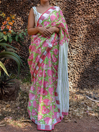 Bougainvillea Linen Saree Pink Mogasu