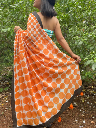 Hornbill Cotton Saree Orange Mogasu