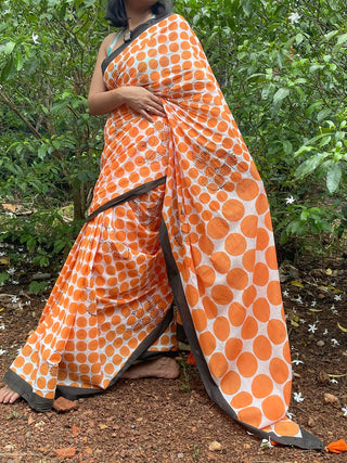 Hornbill Cotton Saree Orange Mogasu