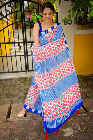 Vel Butti Mul Cotton Saree Blue Mogasu