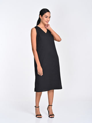 Tencel Solid Black Sleeveless Midi Dress Saltpetre