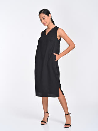 Tencel Solid Black Sleeveless Midi Dress Saltpetre