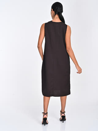 Tencel Solid Coffee Brown Sleeveless Midi Dress Saltpetre