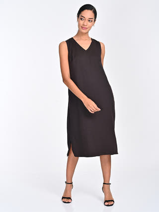 Tencel Solid Coffee Brown Sleeveless Midi Dress Saltpetre