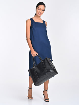 Tencel Solid Navy Blue Square Neck Midi Dress Saltpetre