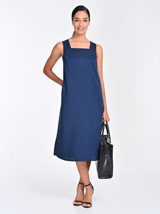 Tencel Solid Navy Blue Square Neck Midi Dress Saltpetre