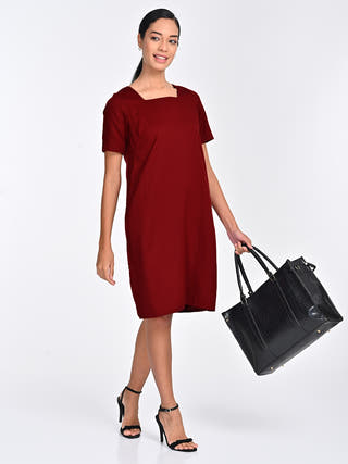 Tencel Solid Maroon Midi Dress Saltpetre